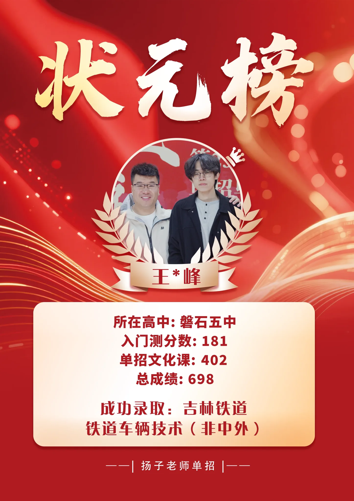 王*峰 698 分 已录取理想院校 录取喜报