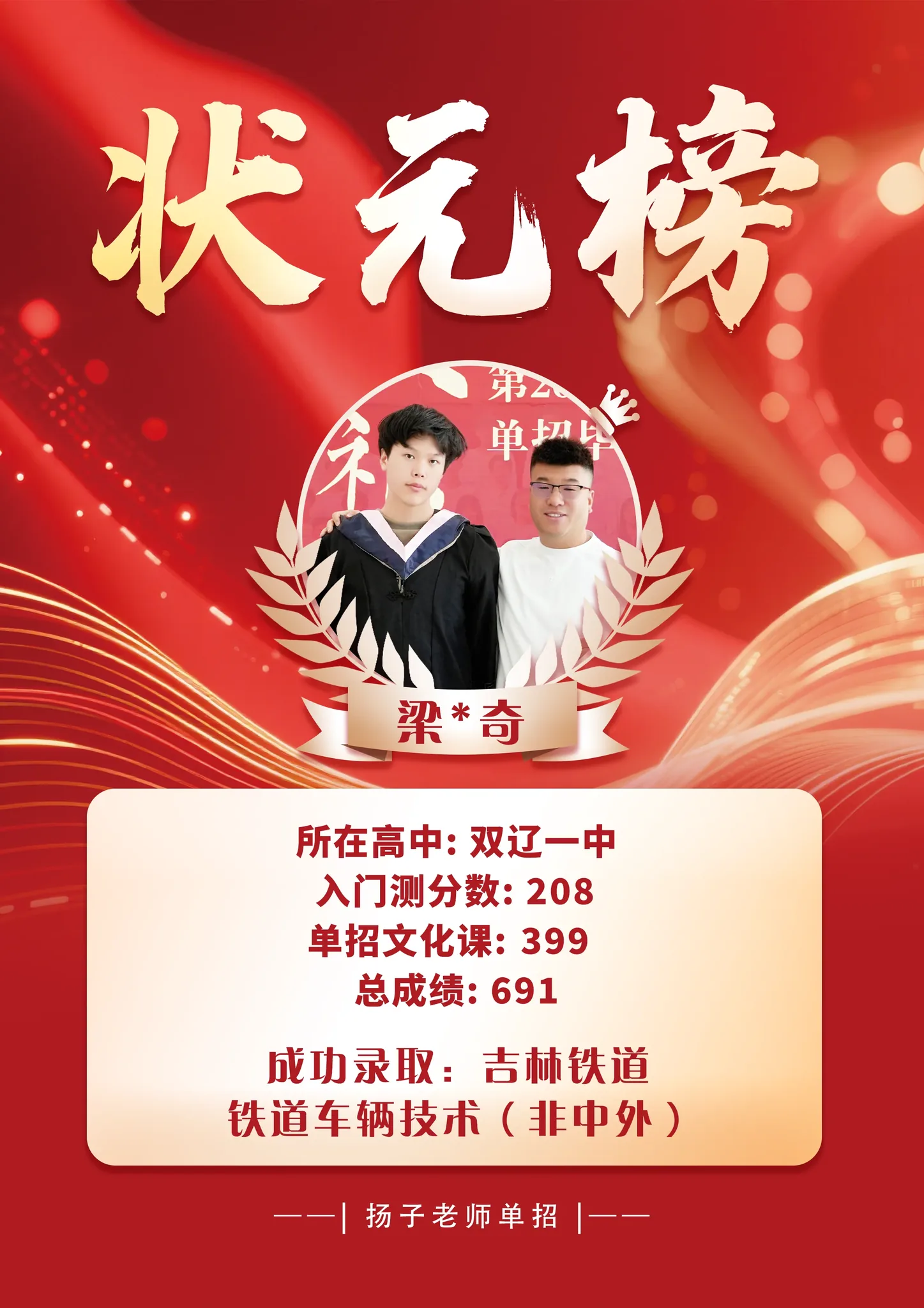 梁*奇 691 分 已录取理想院校 录取喜报