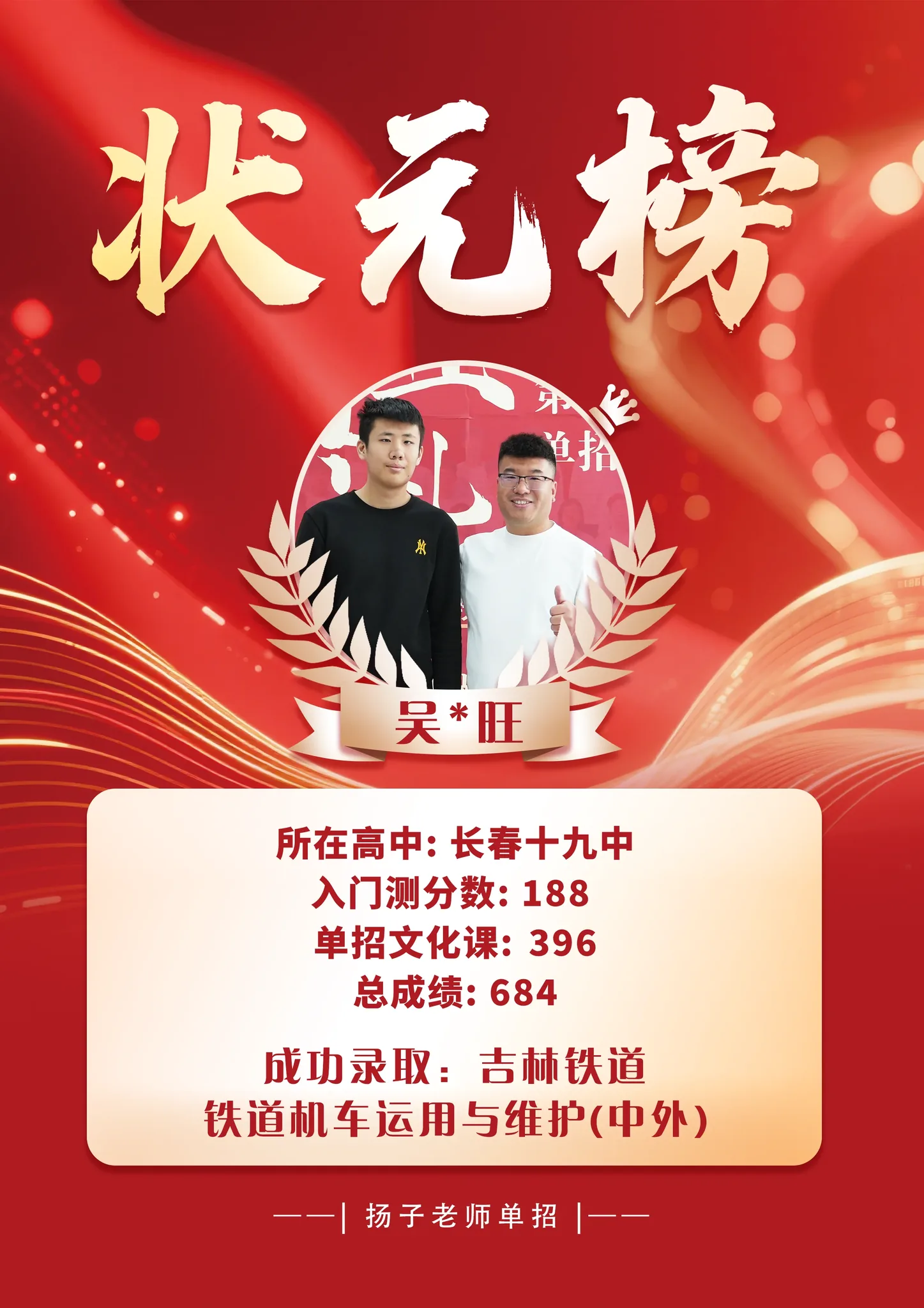 吴*旺 684 分 已录取理想院校 录取喜报